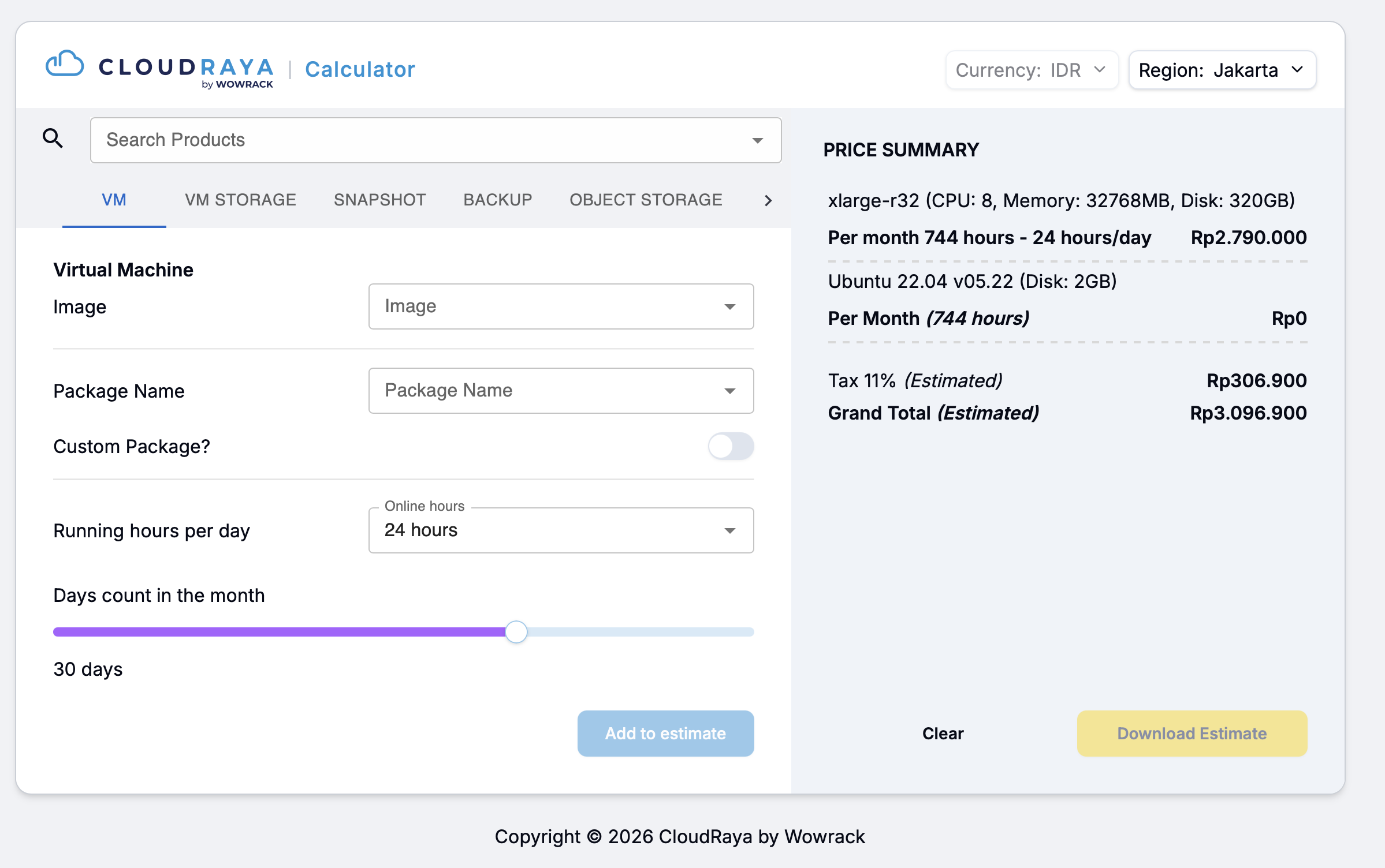 Resources Pricing Calculator screenshot